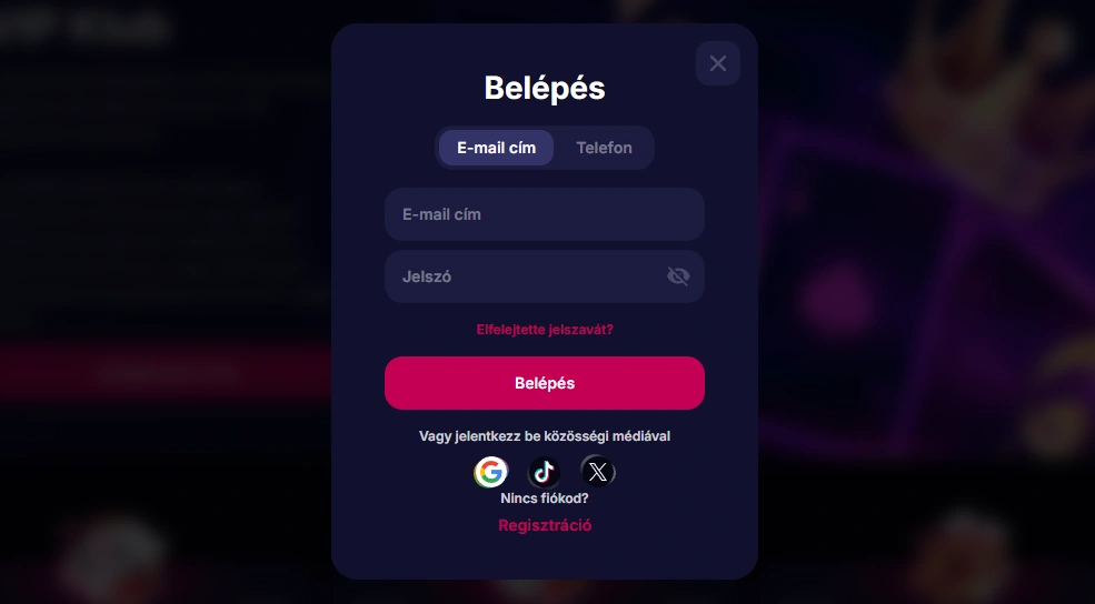 NV Casino bejelentkezési ablak e-mail és telefon füllel